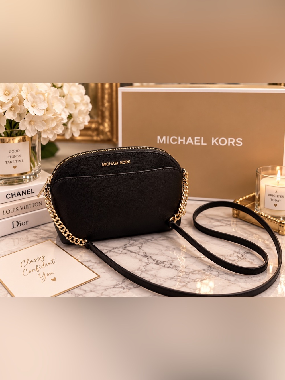 Michael Kors Black Saffiano Leather Crossbody with Gold Chain